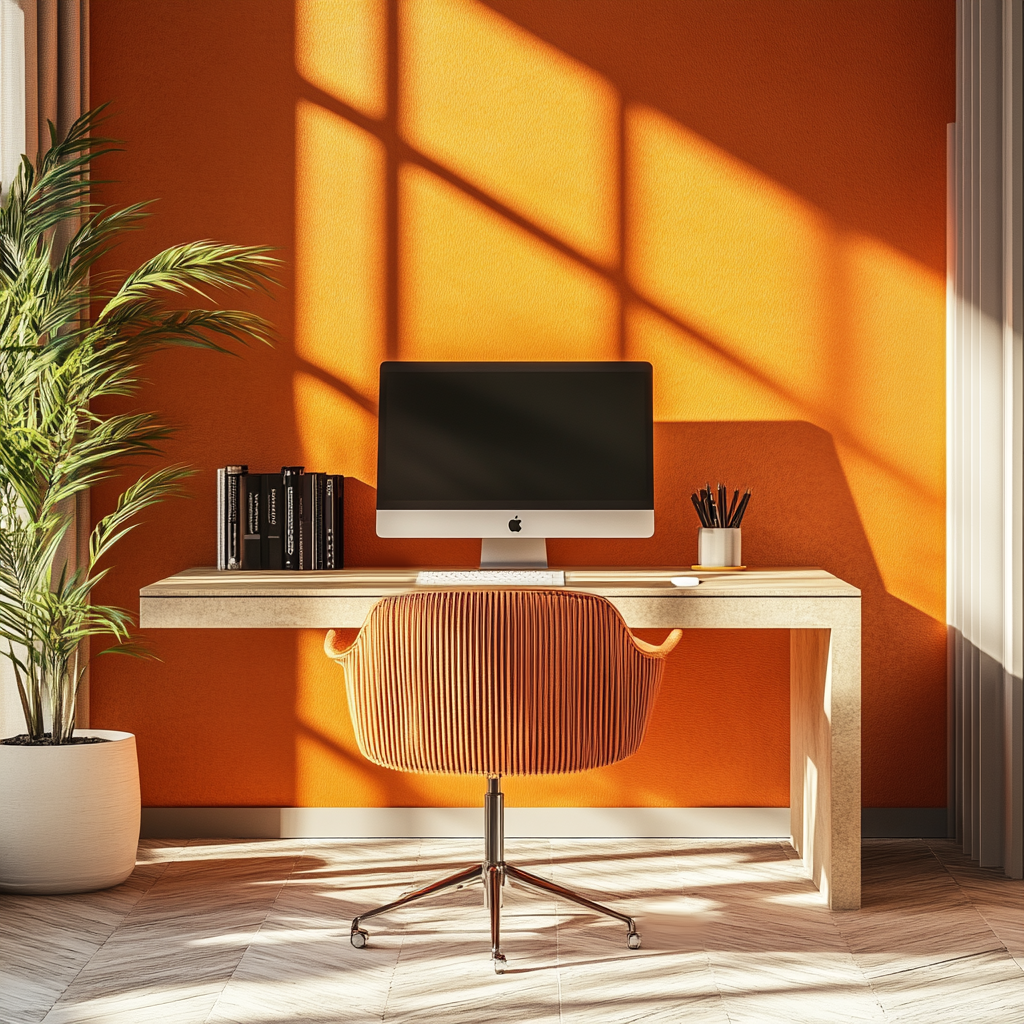 modern-office-with-orange-wallpaper-with-white-wooden-desk-and-office-chair